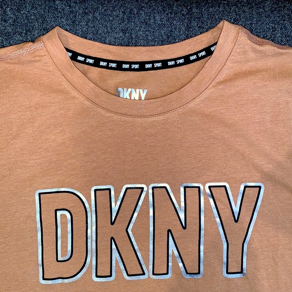 NWT- DKNY Sport T-shirt, size small, nude/neutral with black and silver logo